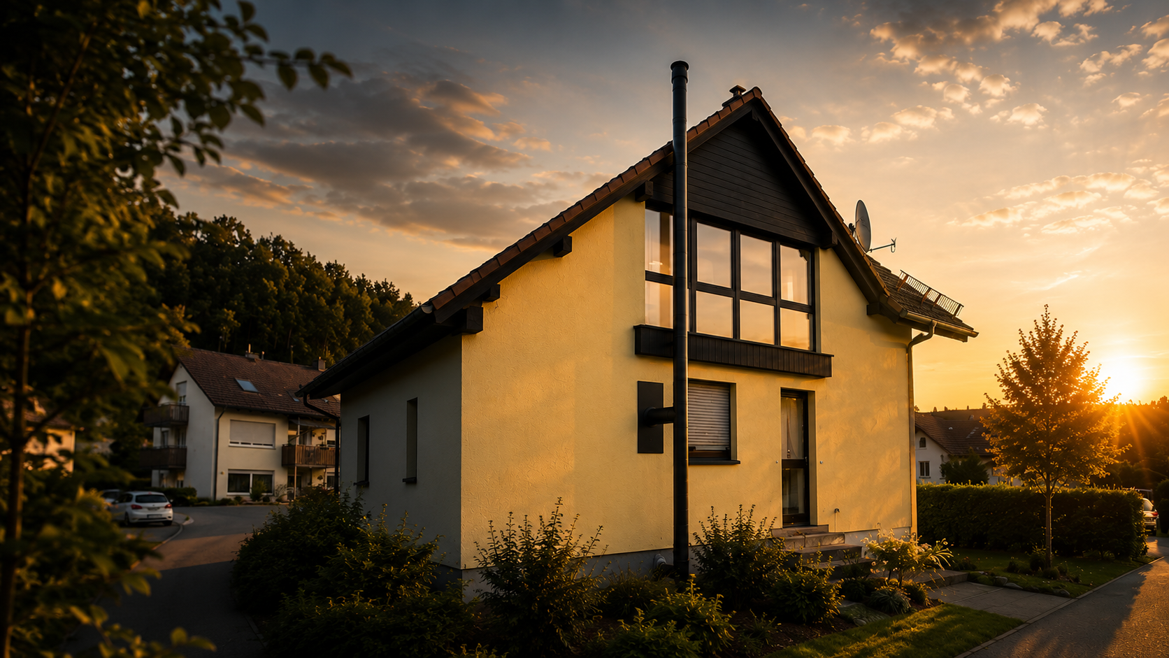 Schwarzer Außenkamin an einem Wohnhaus im Abendlicht