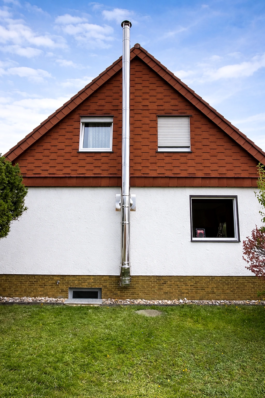 Doppelwandiger Edelstahlschornstein an einem Wohnhaus mit roter Giebelfassade