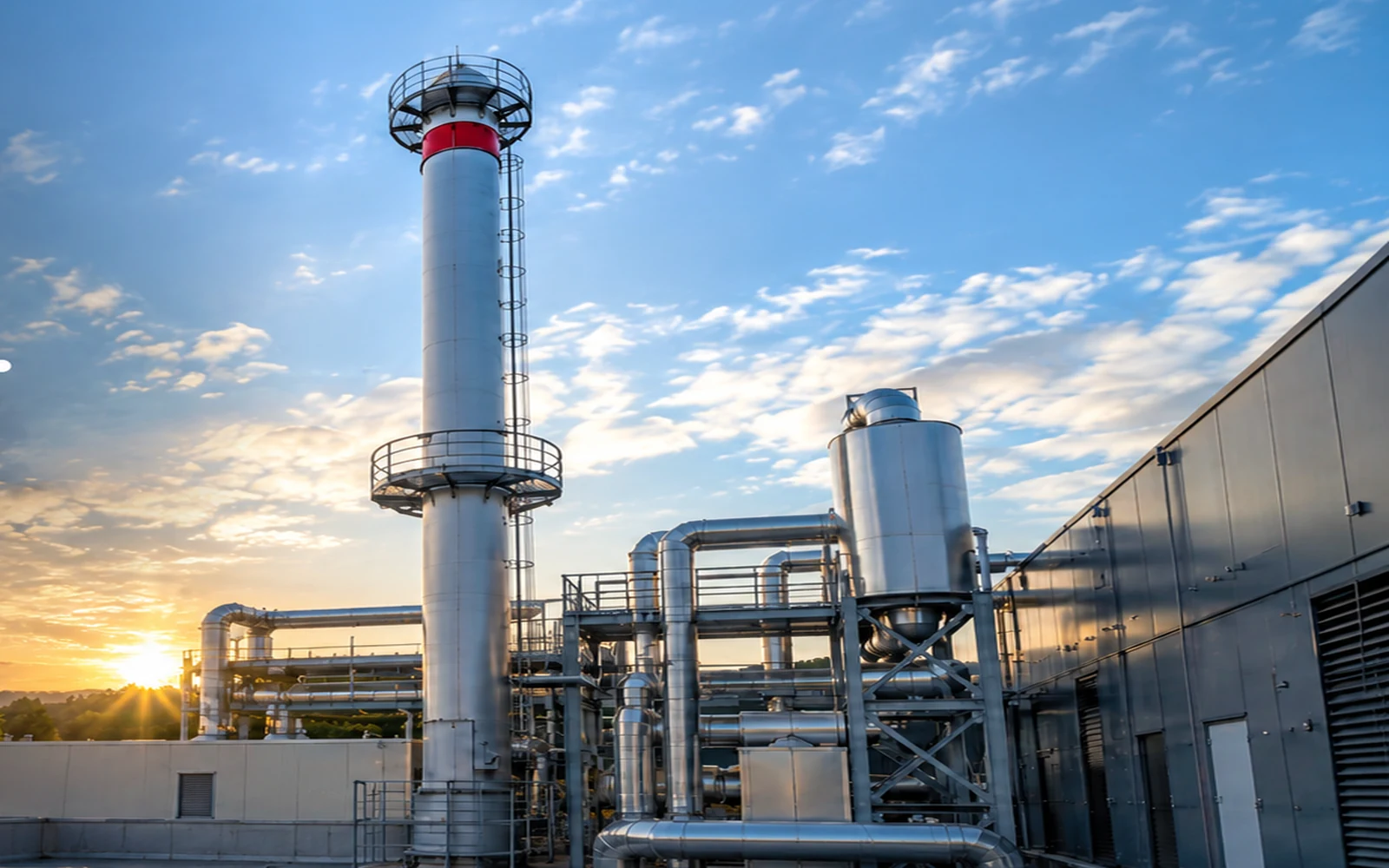 Industrielle Heizzentrale mit freistehendem Stahlschornstein und Abgasleitungen