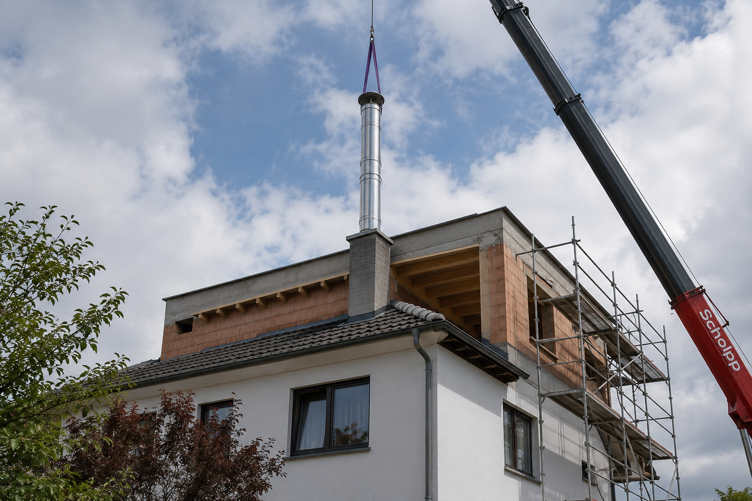 Gebäude mit verändertem Dach und bestehendem Schornstein