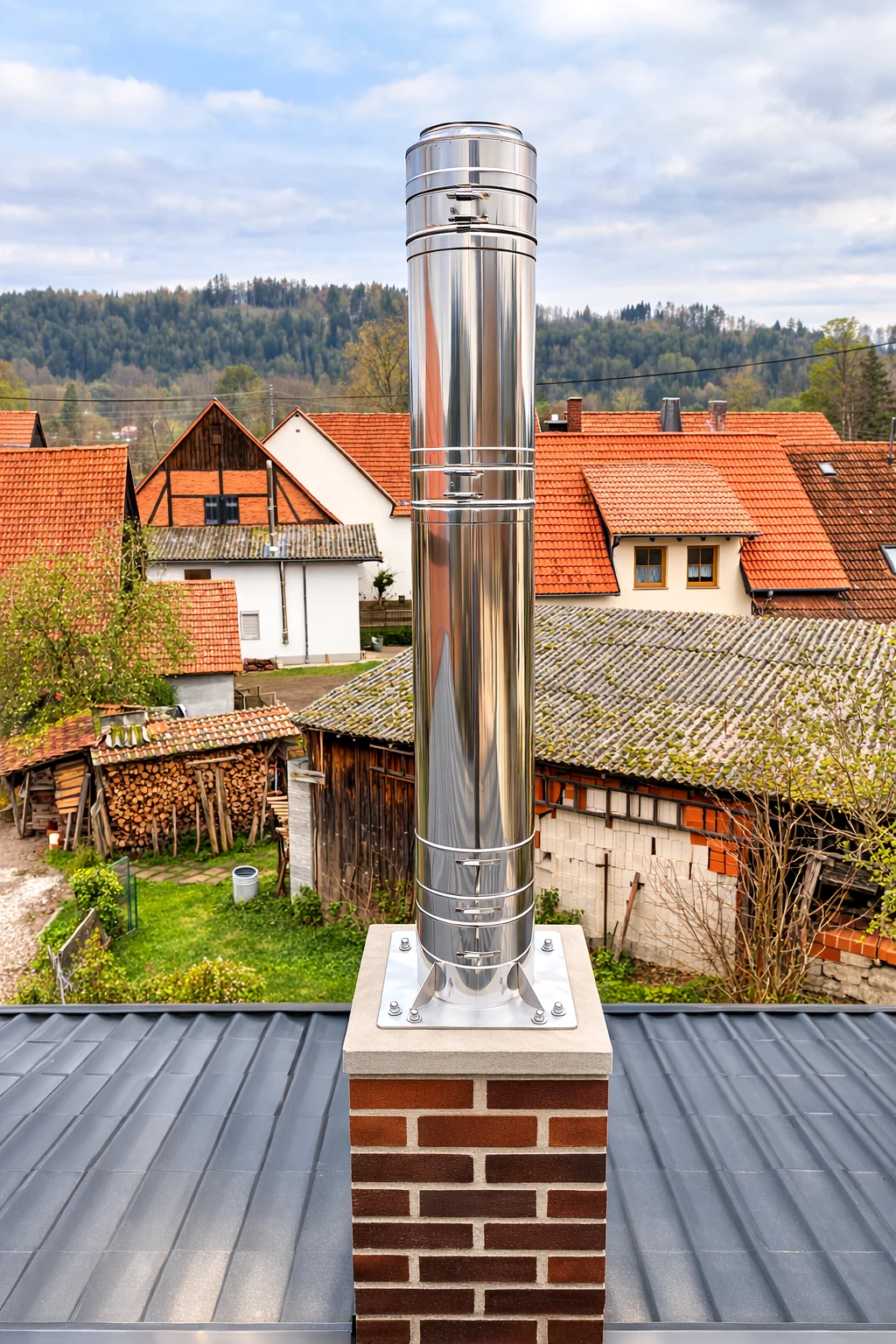 Doppelwandige Edelstahl-Kaminverlängerung auf einem bestehenden Schornstein in Pegnitz