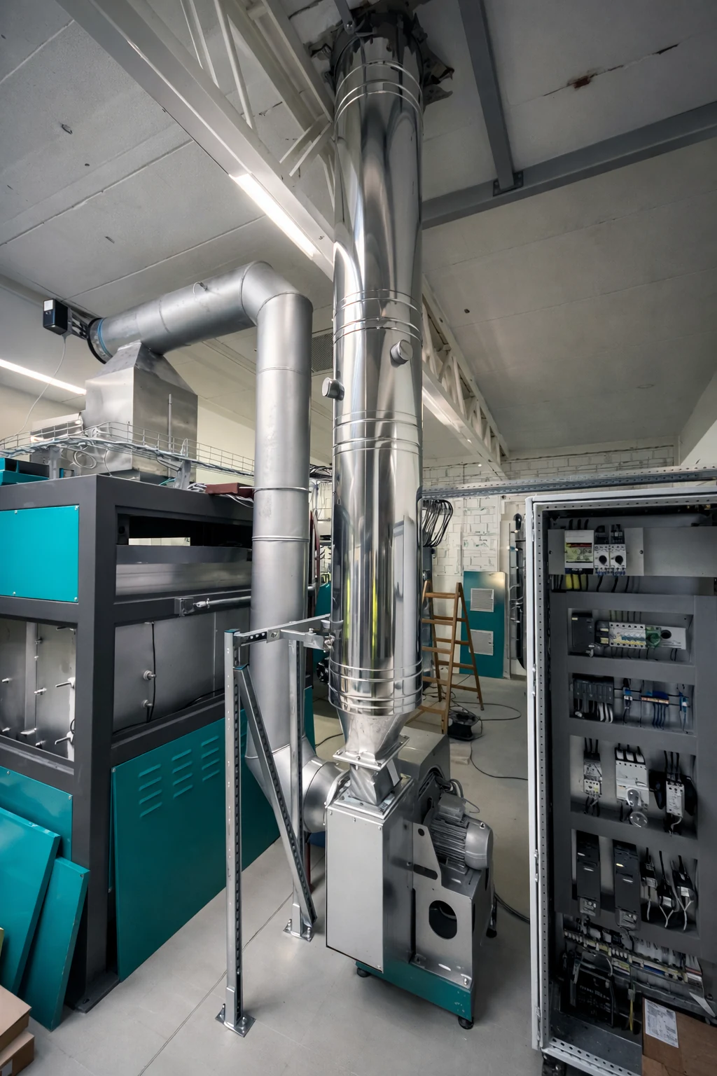 Technische Produktionsmaschine mit vertikaler Edelstahl-Abgasleitung in einer Produktionshalle