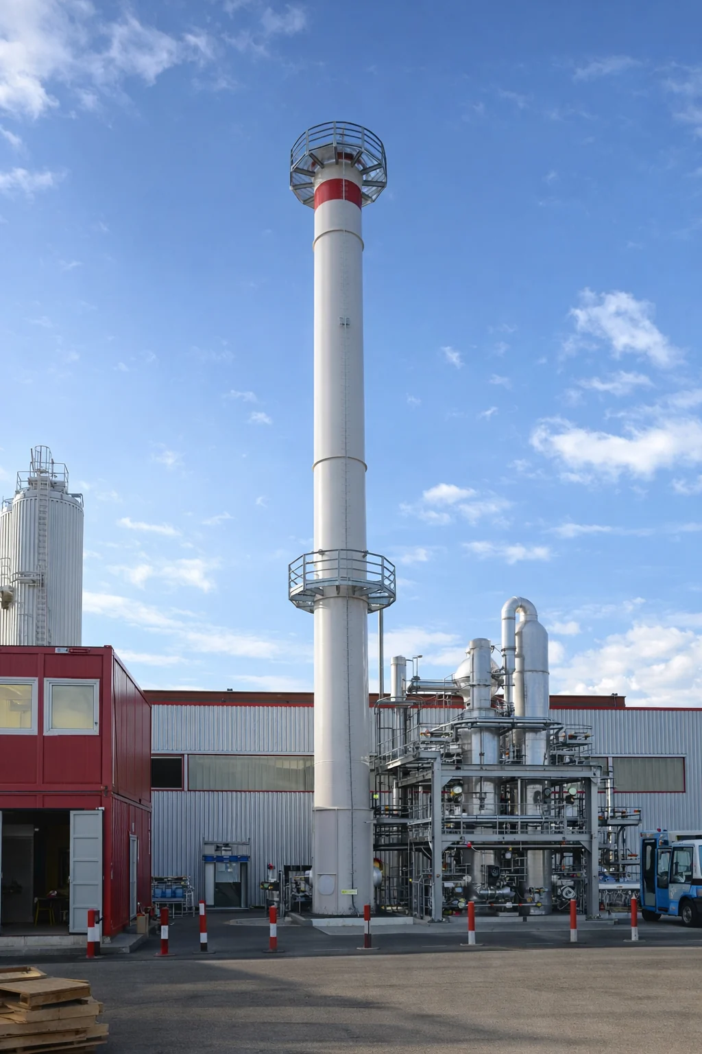 32 Meter hoher freistehender Stahlschornstein einer industriellen Heizzentrale
