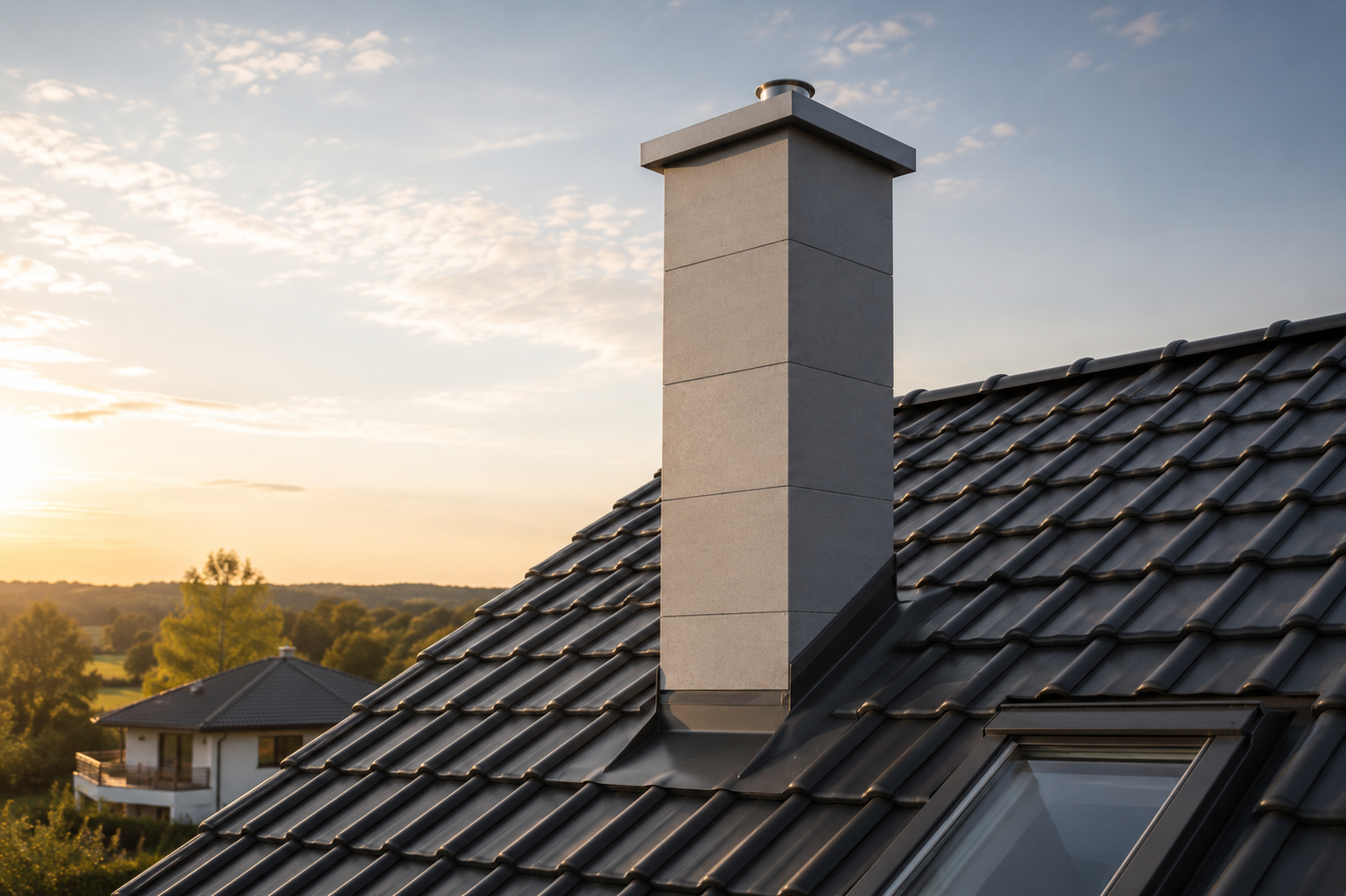 Fertig verkleideter Systemschornstein auf einem Wohnhausdach