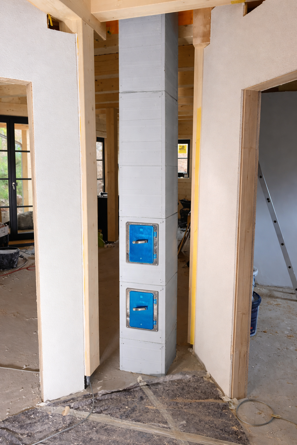 Massiver Systemschornstein innerhalb eines Gebäudes im Ausbau